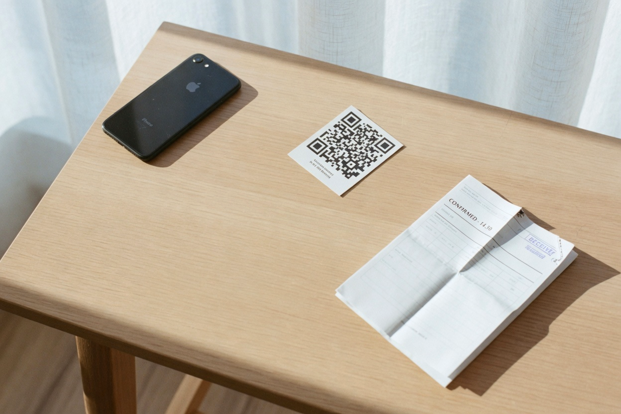 Smartphone, QR-Karte und ausgedrucktes Blatt liegen zur Auswahl bereit.