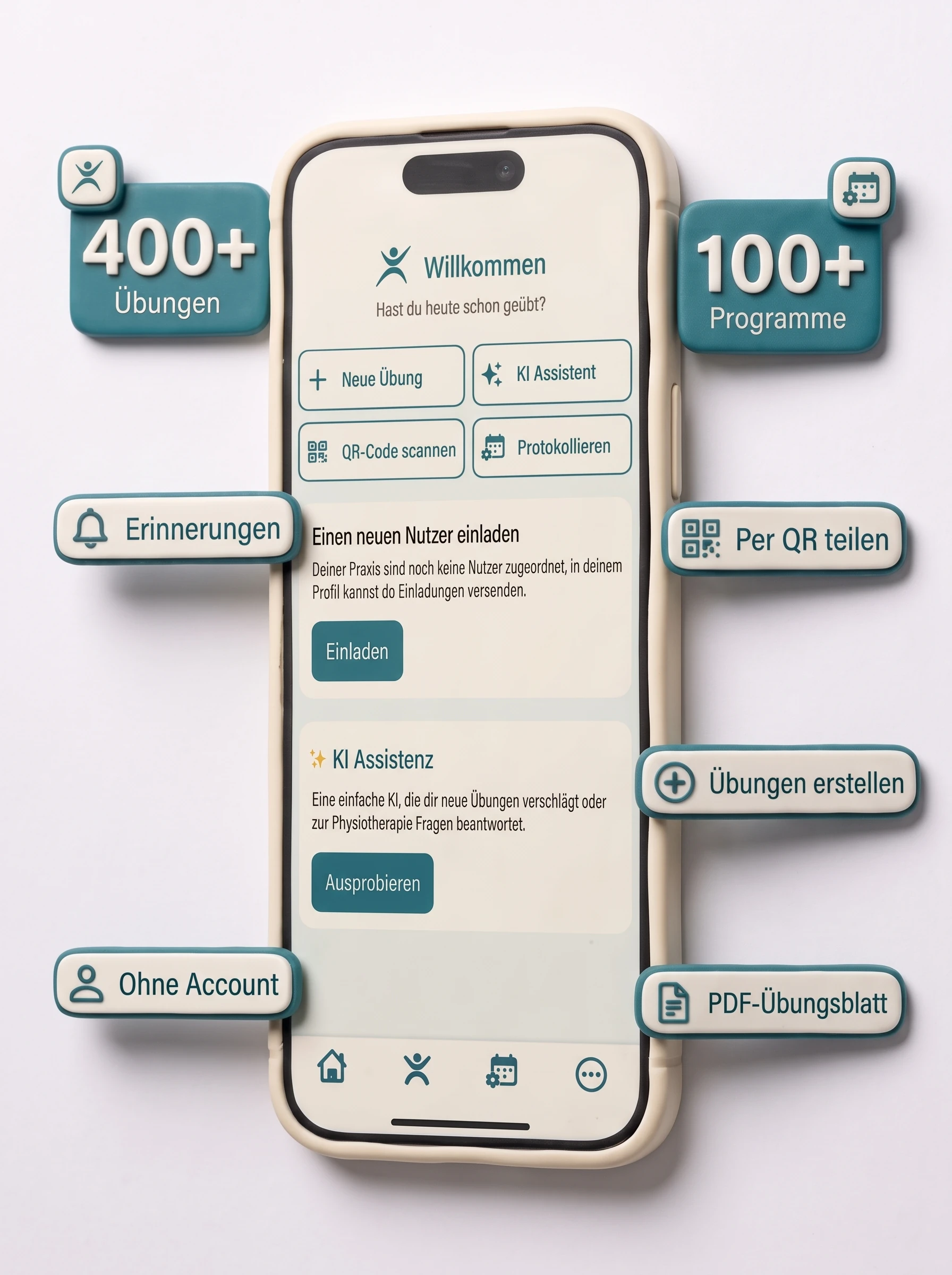 Schwebendes Physiopass-Handy: 400+ Übungen, 100+ Programme, per QR teilen, ohne Account
